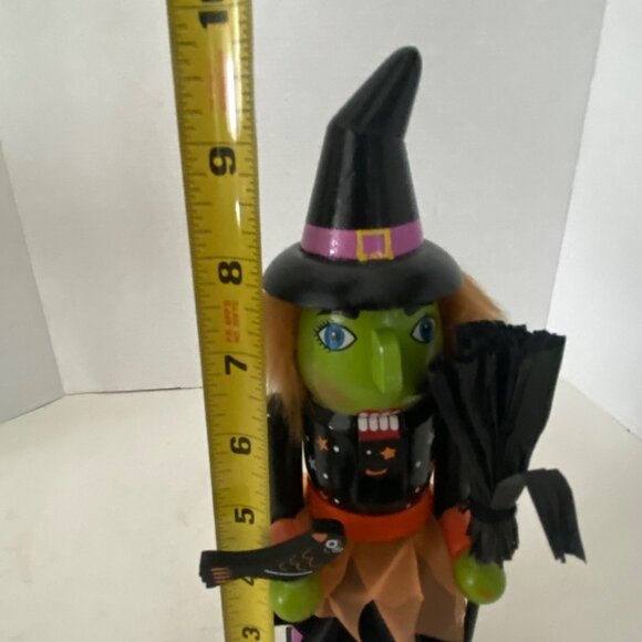 Hand-Painted Halloween Wood Witch Nutcracker Decoration Broom Cat Figurine 9.5" - Picture 6 of 8